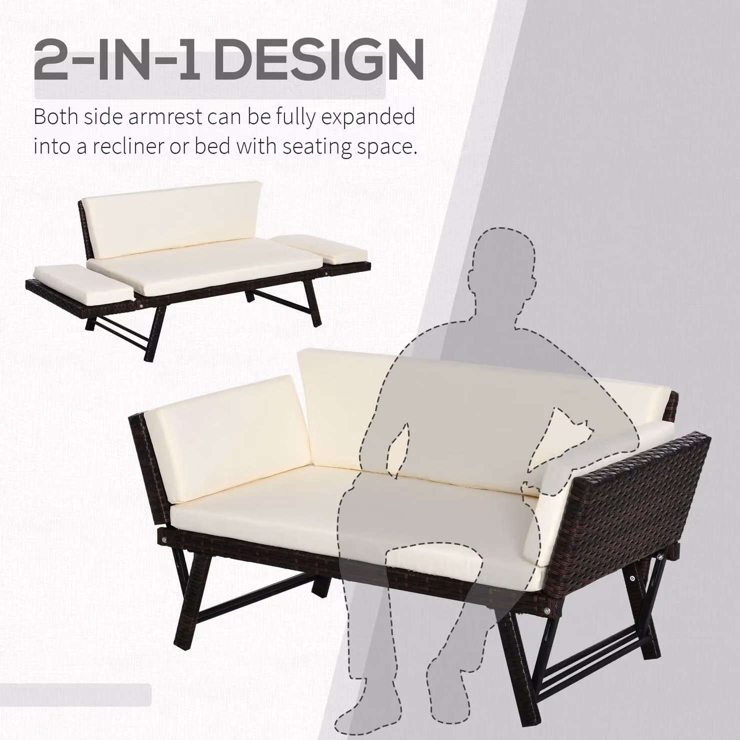 OUTSUNNY 2-in-1 Rattan Folding Chaise Lounger with Cushion in Brown – 3
