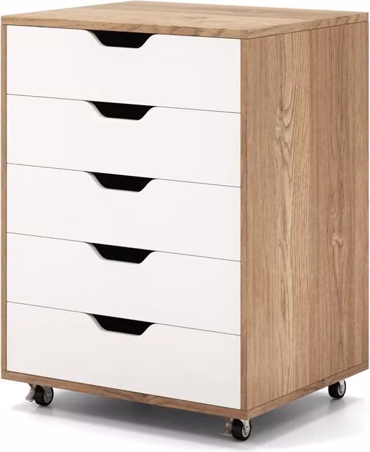 Costway Minimalist 5-Drawer Lockable Freestanding Dresser with Castors in Wood Finish
