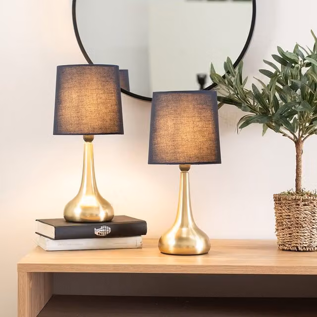 ValueLights Teardrop Pair of Gold Touch Table Lamps with Blue Fabric Shades and Bulbs Included