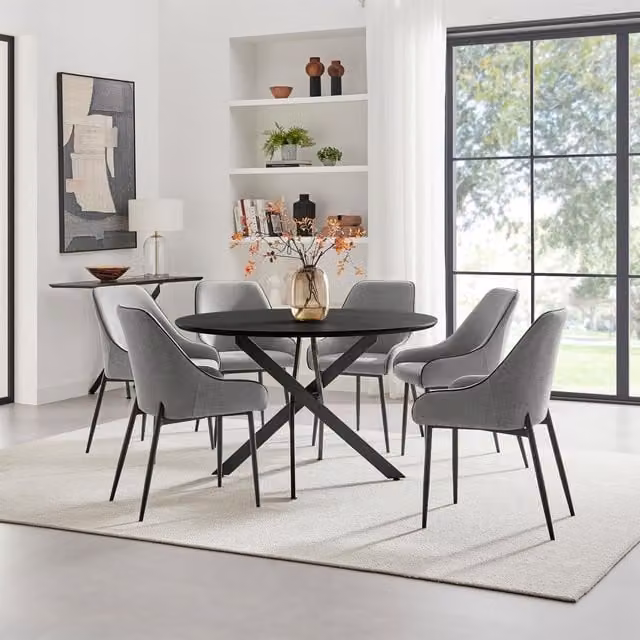 FurnitureboxUK Novara Black Round Dining Table and 6 Beaumont Grey Fabric Chairs Set