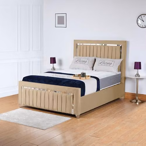 Living Comfort Bedz Zurich Plush Velvet Gas Lift Storage Bed in Mink with Silver Trim Detailing, 6FT Super King