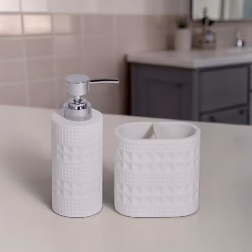 Showerdrape Green and White Resin Bathroom Accessory Set with Soap Dispenser and Toothbrush Holder – 1