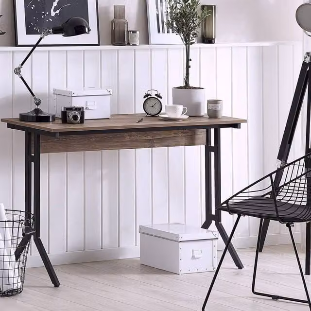 Wyld and Coco Modern Industrial Writing Desk with Brown Wood Top and Black X-Frame, W: 120 cm, D: 48 cm, H: 76 cm