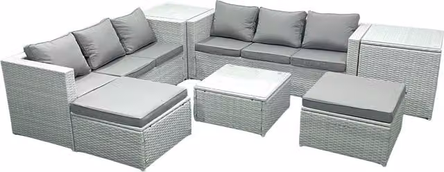 Fimous 8 Seater Rattan Garden Furniture Set in Light Grey with L-Shape Sofa, 2 Ottomans and Outdoor Coffee Table