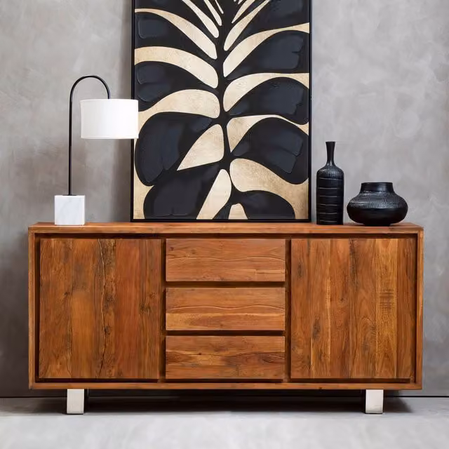 Orsina Brown Acacia Wood Sideboard with 2 Doors, 3 Drawers and Metal Legs – 2