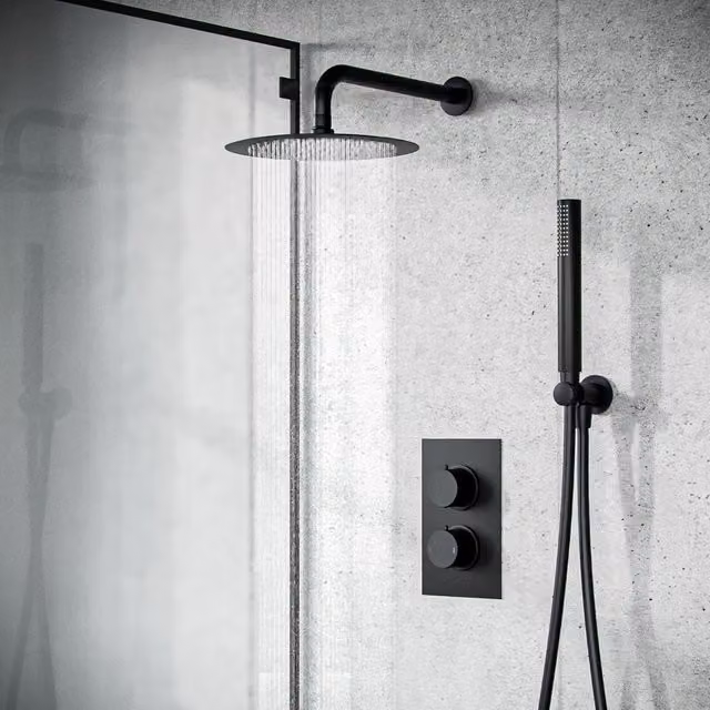 Nes Home Matte Black Concealed Thermostatic Shower Set with Overhead Shower and Handset