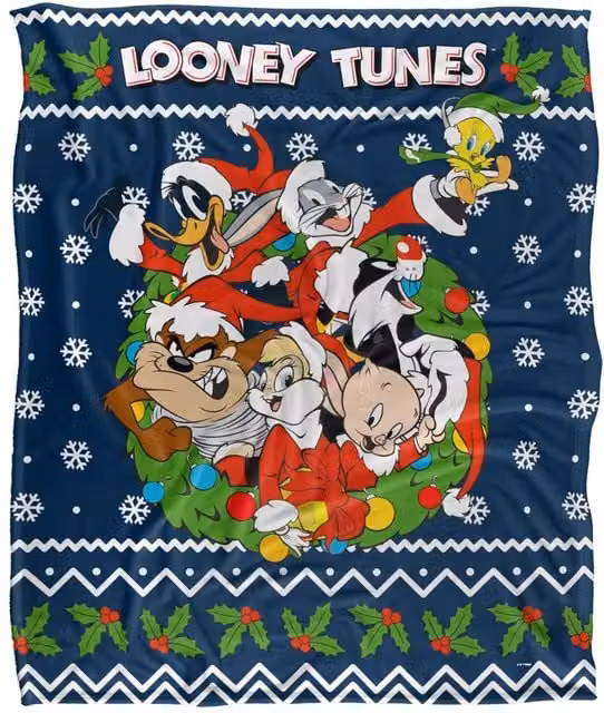 LOGOVISION Looney Tunes Christmas Ugly Sweater Soft Fleece Throw Blanket, Multicolour and White, W: 152 cm, D: 127 cm – 6