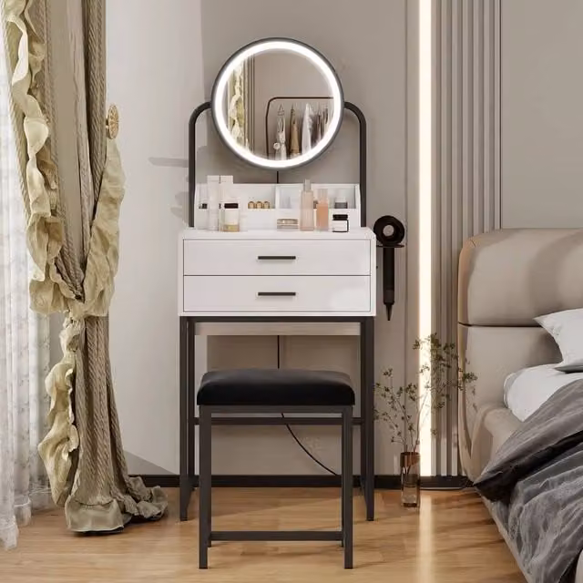 EONLION Modern Black and White Wooden Dressing Table with 2 Drawers and Round Stool Set