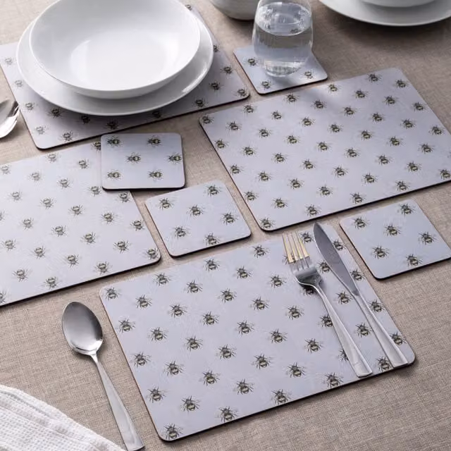 Creative Tops Country Bee Placemat and Coaster Set in Grey with Non-Slip Cork Base