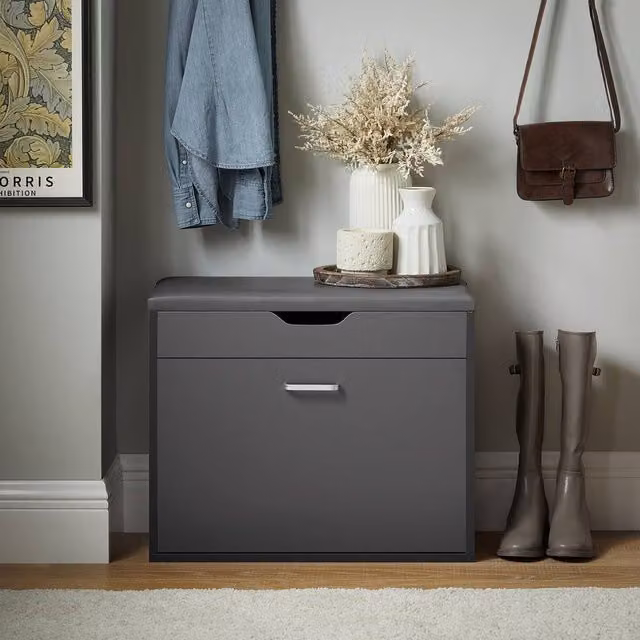SoBuy Slim Entrance Bench with Lift-Up Storage and Synthetic Leather Seat in Dark Grey