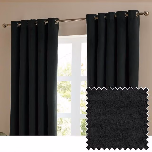 Furn Black Velvet Room Darkening Eyelet Curtain Pair, W: 229 cm, H: 229 cm – 1