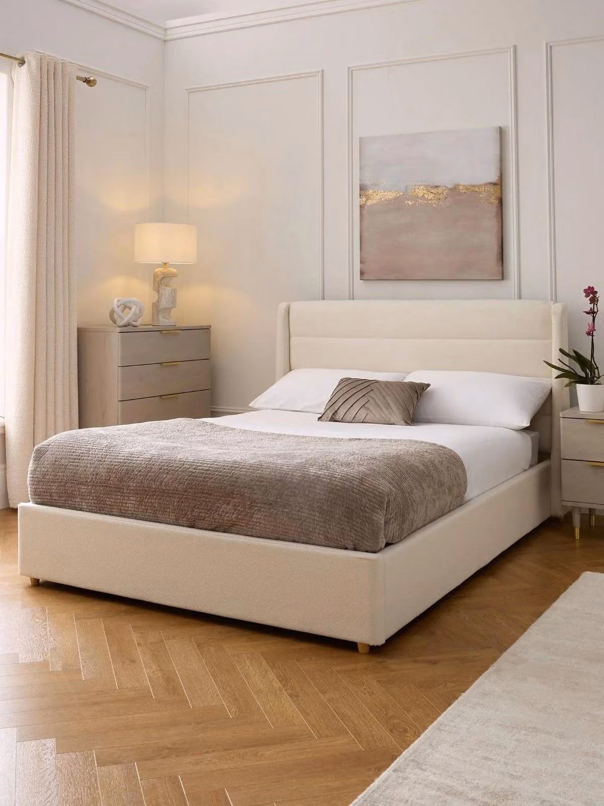 Gabriel Upholstered Fabric Winged Bed Frame in White/Beige, 180 x 200 cm