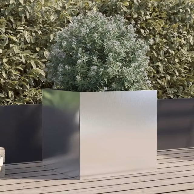 Berkfield Home Silver Stainless Steel Ornamental Garden Planter Tub W: 49 cm, D: 47 cm, H: 46 cm