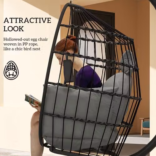 Outsunny Hanging Egg Chair with Folding Basket and Thickened Cushion in Dark Grey – 5