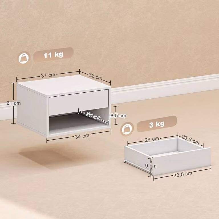 FORGEVIO Set of 2 Wall Mounted Bedside Tables in White