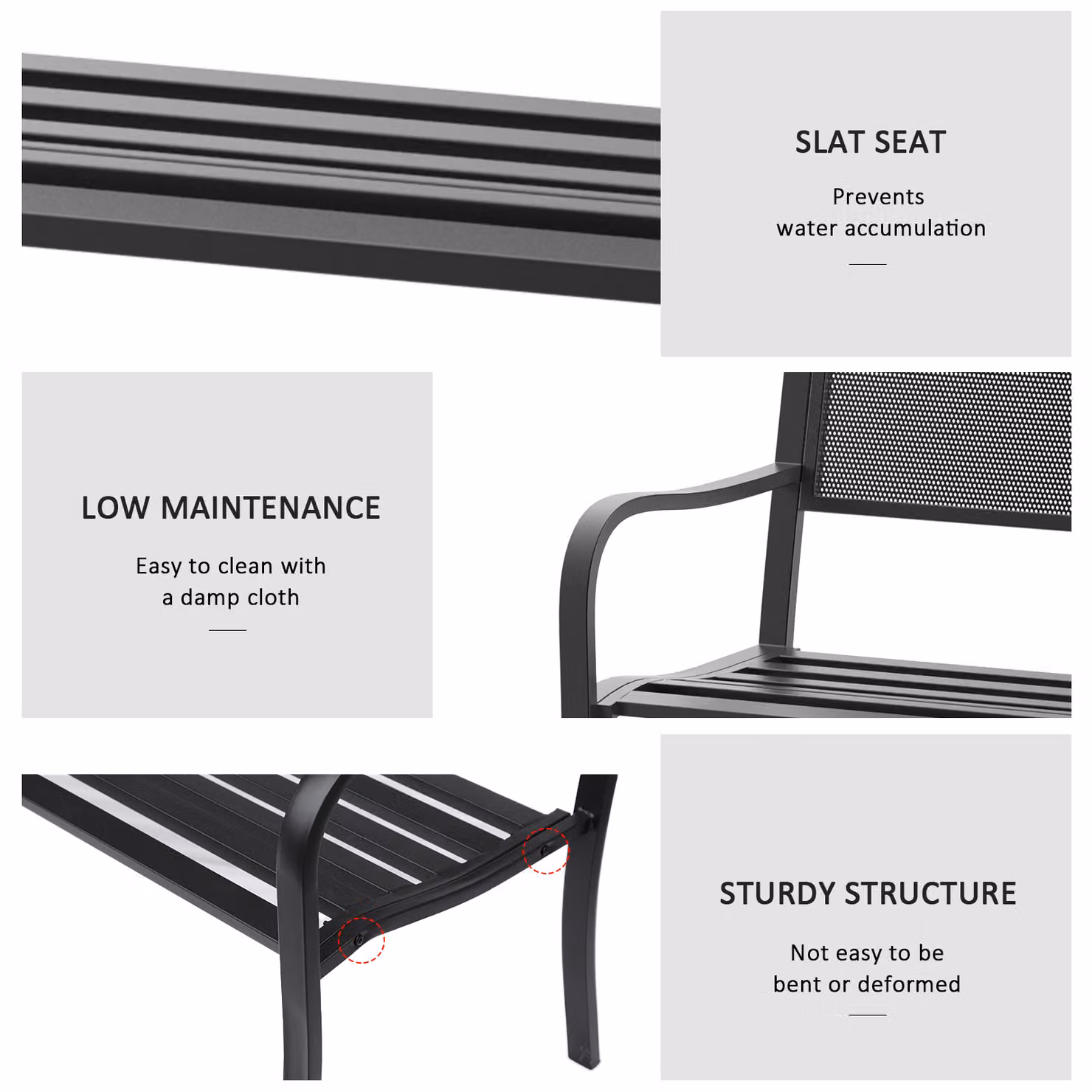 Outsunny 2 Seater Metal Garden Bench with Armrests in Black – 5