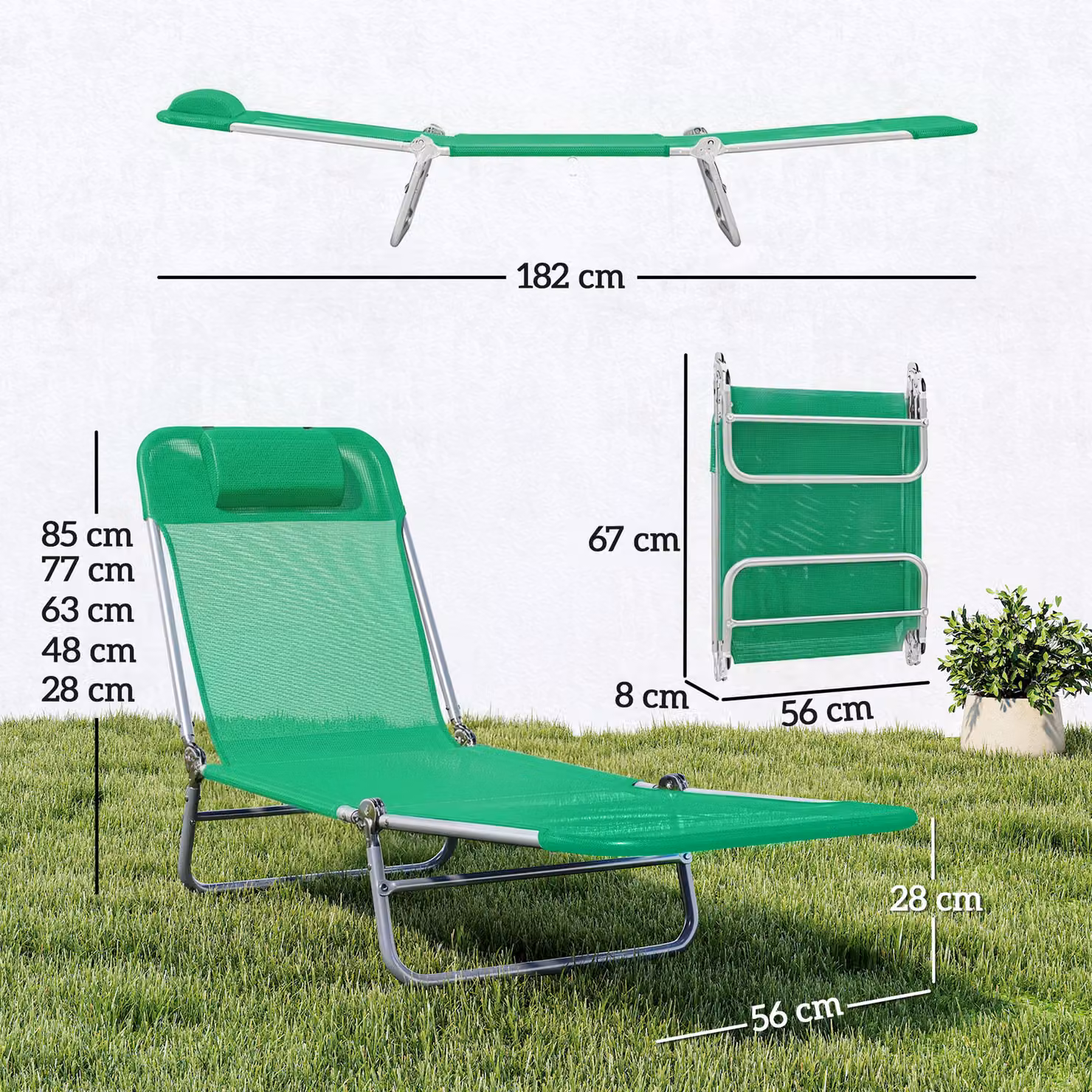 Outsunny Set of Two Modern Steel Frame Sun Loungers with Reclining Backrests and Adjustable Headrests in Dark Green – 3
