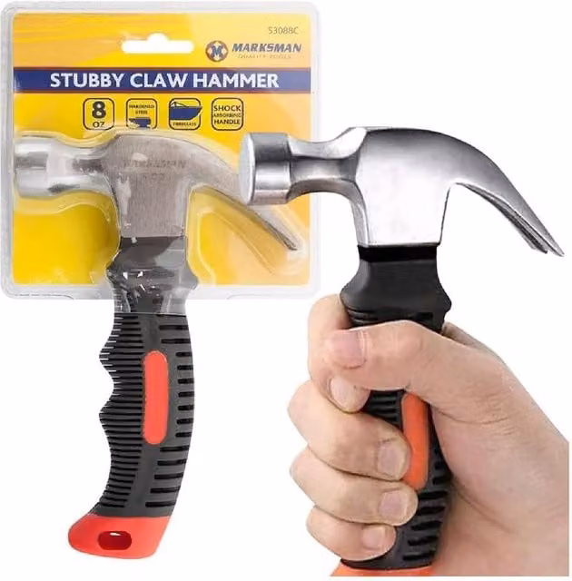 BARGAINS-GALORE 8oz Stubby Claw Hammer with Steel Head and Multicolour Soft Grip Plastic Handle – 1