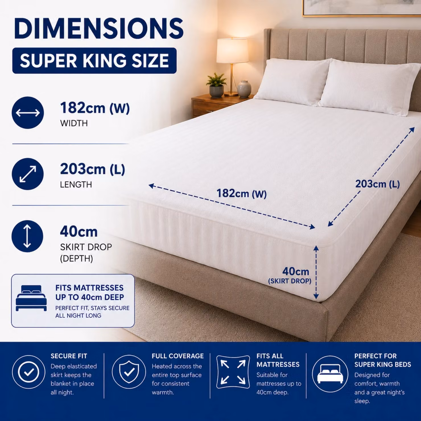 Sweet Dreams Super King Heated Fitted Mattress Cover in White, W/D/H: 180 x 200 cm – 2