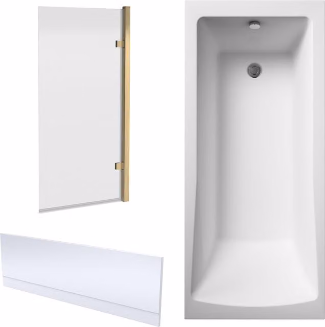 Balterley Square Rectangular Shower Bath Set with White Apron and Brass Hinged Screen, W/D: 1700 x 700 mm
