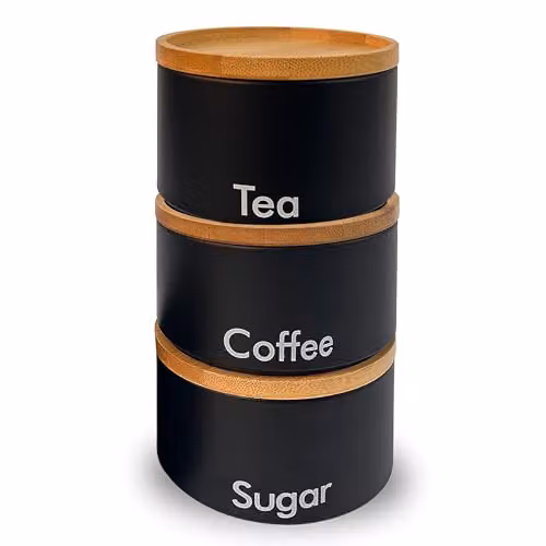 MantraRaj 3-Piece Black Metal Tea, Coffee and Sugar Canister Set with Airtight Bamboo Lids – 9
