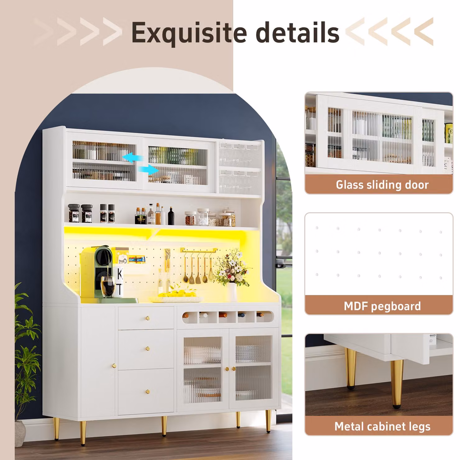 Aosom UK Freestanding White Highboard with LED Lighting, Sliding Glass Doors and Pull-Out Wine Rack, H x W x D: 171 x 39 x 145 cm – 3