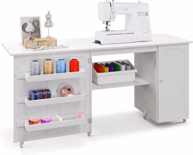 Costway Foldable White Wood Sewing Table for Home Office and Adults