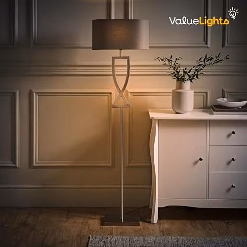 ValueLights Katniss Industrial Black Metal Floor Lamp with Oval Fabric Shade and Warm White LED Bulb, H 145.5 cm x W 40 cm x D 23.5 cm – 2