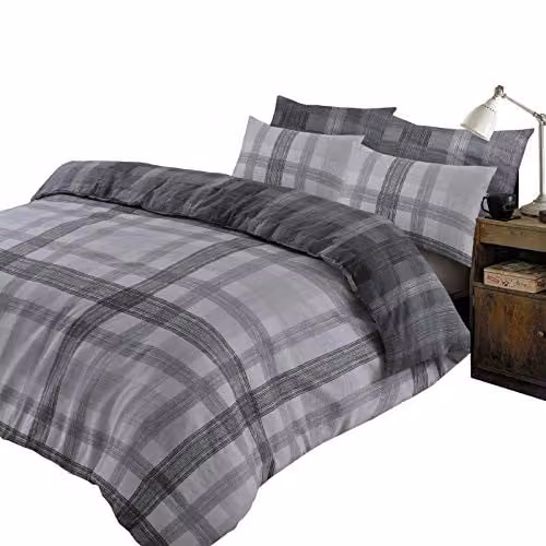 Dreamscene Boston Brushed Cotton Flannelette Checked Duvet Cover and Pillowcase Set in Charcoal Grey and Silver, Single (Duvet Cover: 135 x 200 cm, Pillowcase: 50 x 75 cm) – 2