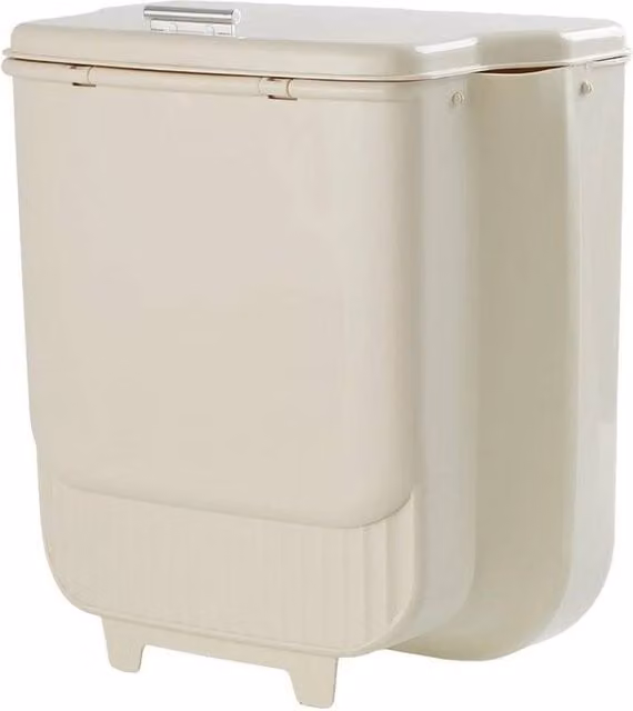 NESTLUNE Beige 9L Folding Kitchen Waste Bin with Flip Lid and Wall Mounted Design