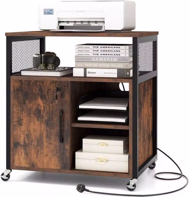 Costway Mobile Lateral Filing Cabinet with Charging Station in Brown – 1
