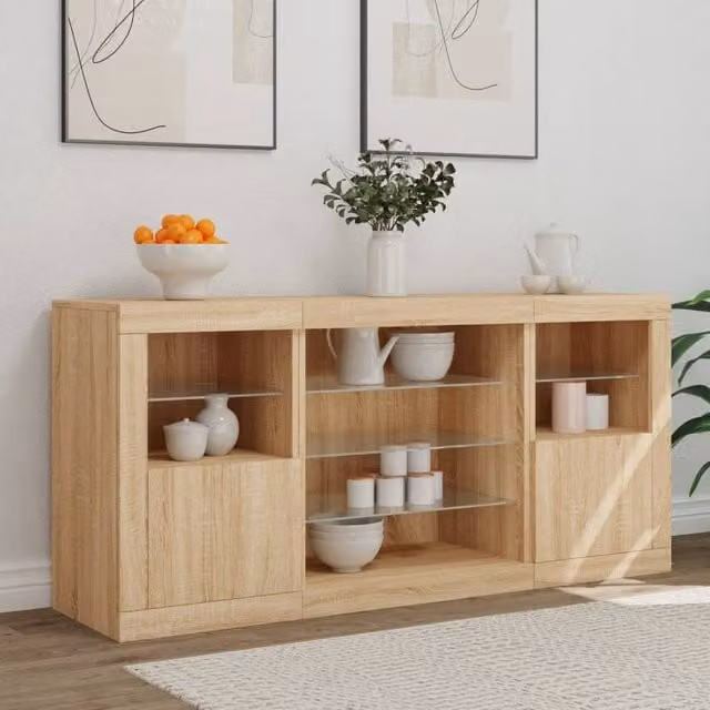 Berkfield Home Sonoma Oak Sideboard with Integrated LED Lights in Light Tan, W/D/H: 142.5 x 37 x 67 cm