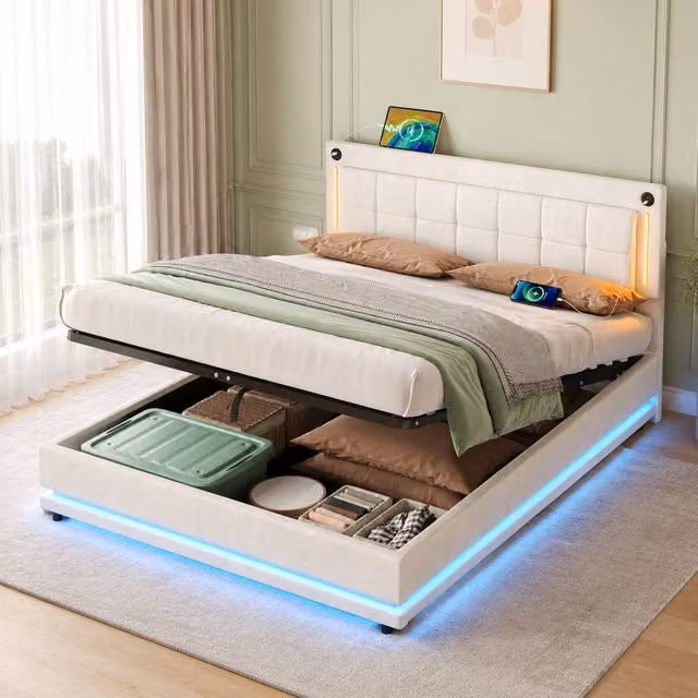 STILVORA Double Ottoman Bed in Beige Velvet with LED Lighting, USB Charging Port and Integrated Reading Light, W/D/H: 140 x 200 cm
