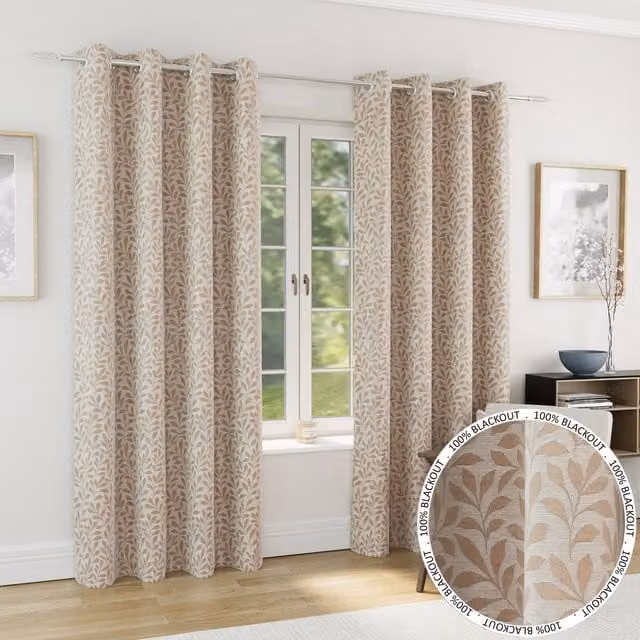 Enhanced Living Sherwood Natural Jacquard Leaf Blackout Eyelet Curtains, Thermal and Sound Dampening, W/H: 117 x 183 cm