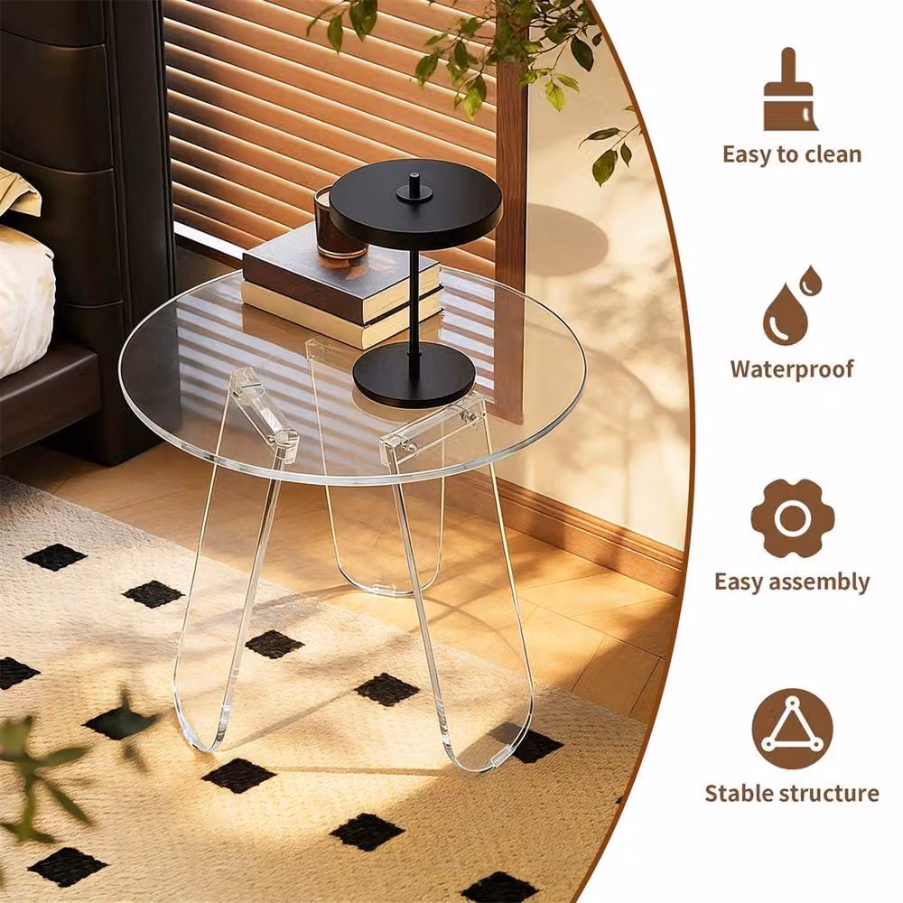 ERGOVEXA Shatterproof Acrylic Round End Table and Bedside Nightstand in Transparent Clear – 2