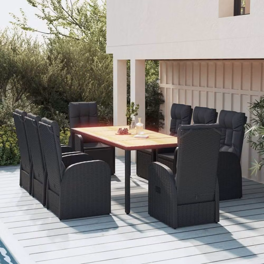 Berkfield Home 9 Piece Black Poly Rattan and Solid Acacia Wood Garden Dining Set – 2