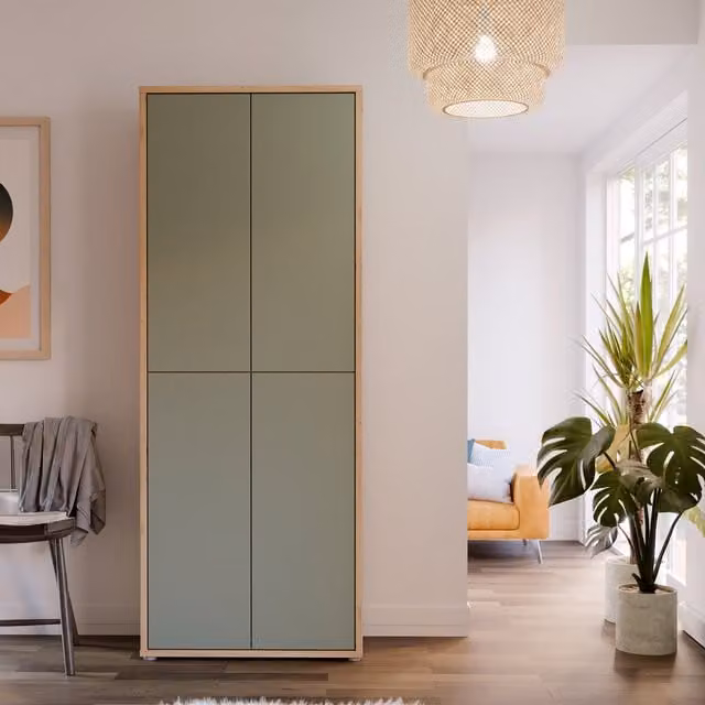 Furniture To Go Alice Springs Tall Shoe Cabinet with 4 Push-Open Doors in Night Blue, Artisan Oak and Sage Green