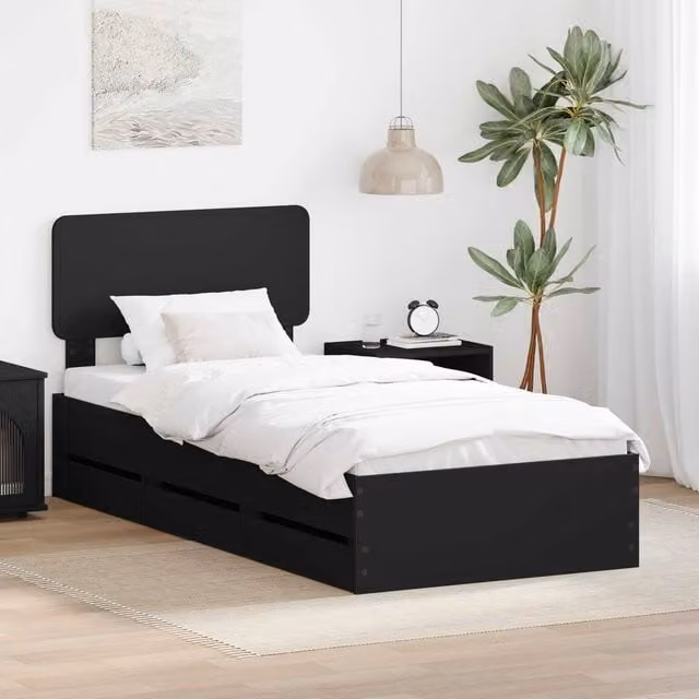 Berkfield Home Modern Bed Frame with Drawers in Black, Engineered Wood, W/D/H: 90 x 200 cm
