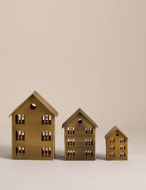 M&S Antique Brass Nesting House Decorations, 3 Pack, Gold Metal Tabletop Decor