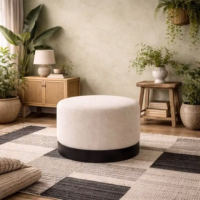 Wyld Haus Kalua Large Ivory Boucle Stool with Matt Black Base