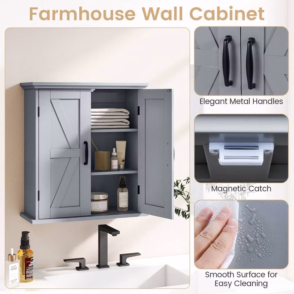 VOGREX Grey Farmhouse Wall Mounted Bathroom Cabinet with 2 Hinged Doors and Internal Shelves – 3