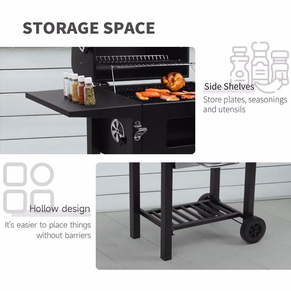 Living and Home Black Steel Charcoal Grill with Side Tables and Thermometer, W/D/H: 109.0 x 96.5 x 33.0 cm – 3