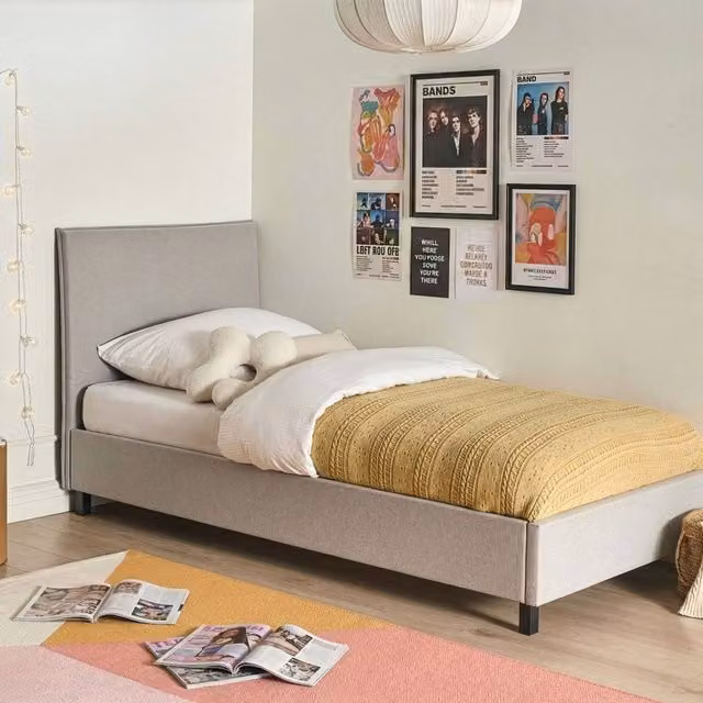 Wyld and Coco Grey Fabric Bed with Slatted Base and Tall Padded Headboard, W/D/H: 90 x 200 cm