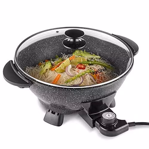 VonShef 1400W Electric Non-Stick Wok with Tempered Glass Lid, 5L Multicooker Skillet in Black – 1