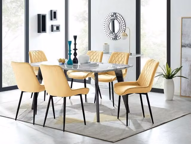 FurnitureboxUK Andria White Marble Effect 6 Seater Dining Table and 6 Pesaro Mustard Velvet Chairs