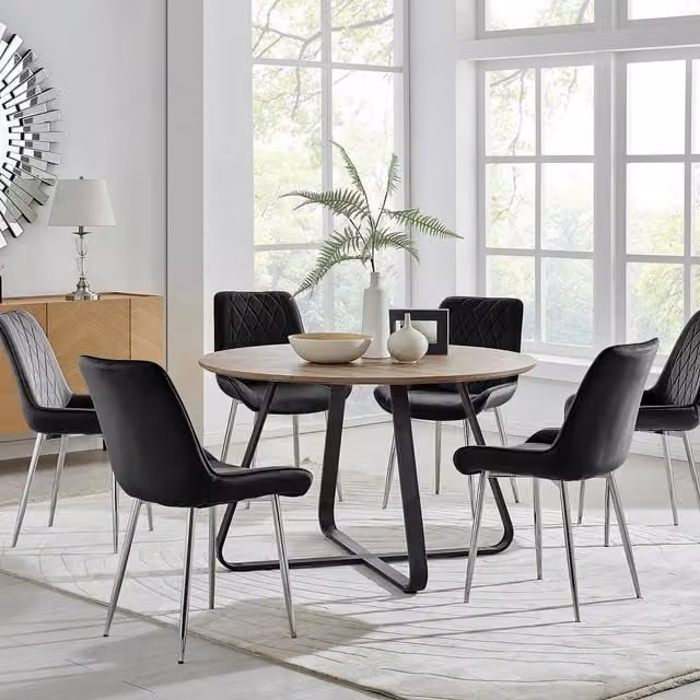 FurnitureboxUK Santorini Brown Round Dining Table and Pesaro Black Chairs with Silver Legs