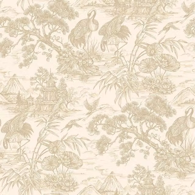 Holden Decor Crane Lagoon Birds Floral Metallic Wallpaper in Gold and Beige