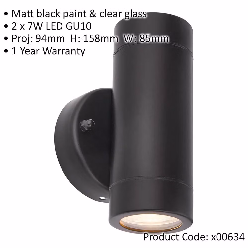Loops 4 Pack Up & Down Twin Outdoor IP44 Wall Light in Matt Black with Transparent Glass and Stainless Steel – 2