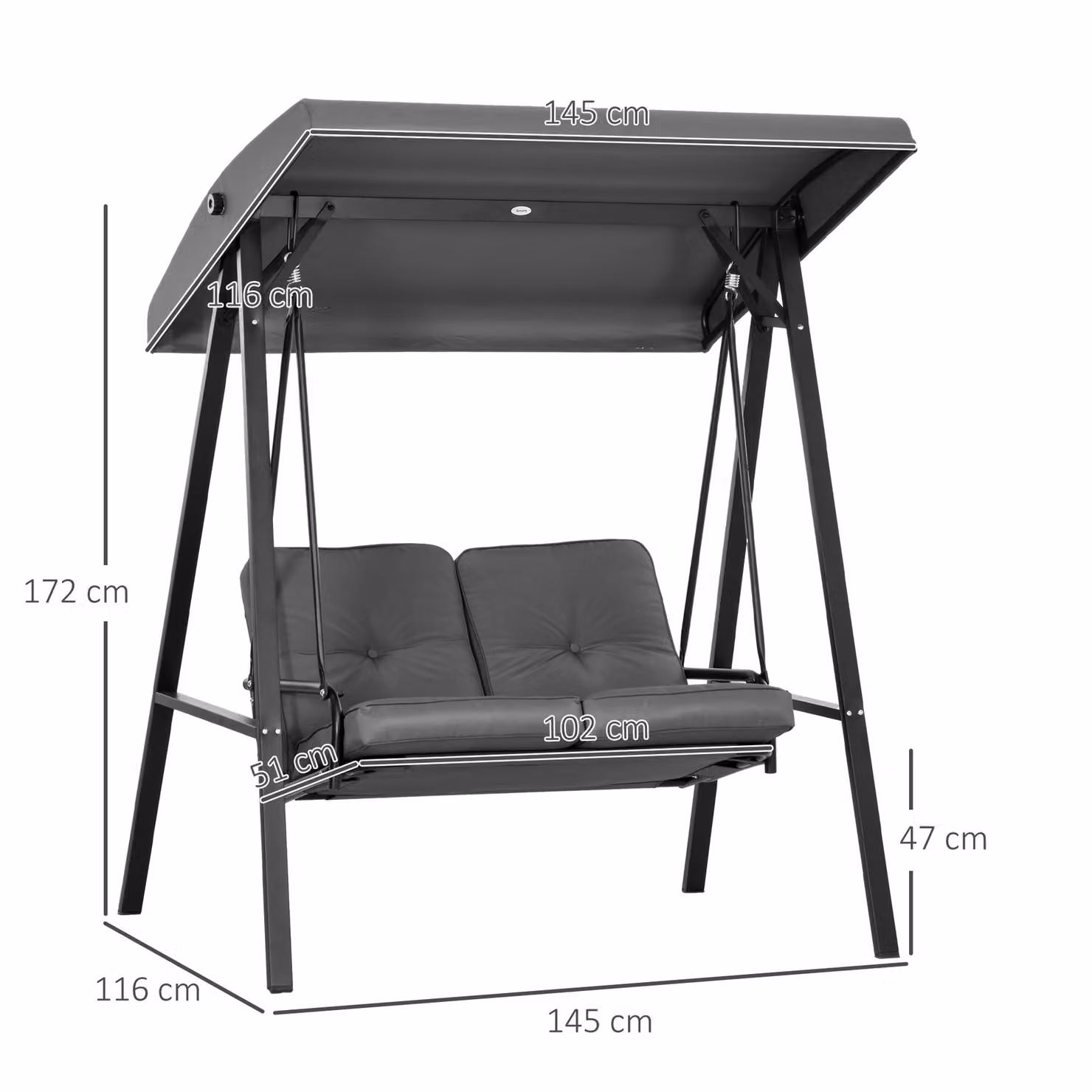 Outsunny Two-Seater Garden Swing Bench with Adjustable UV-Resistant Canopy and Cushions in Dark Grey – 3