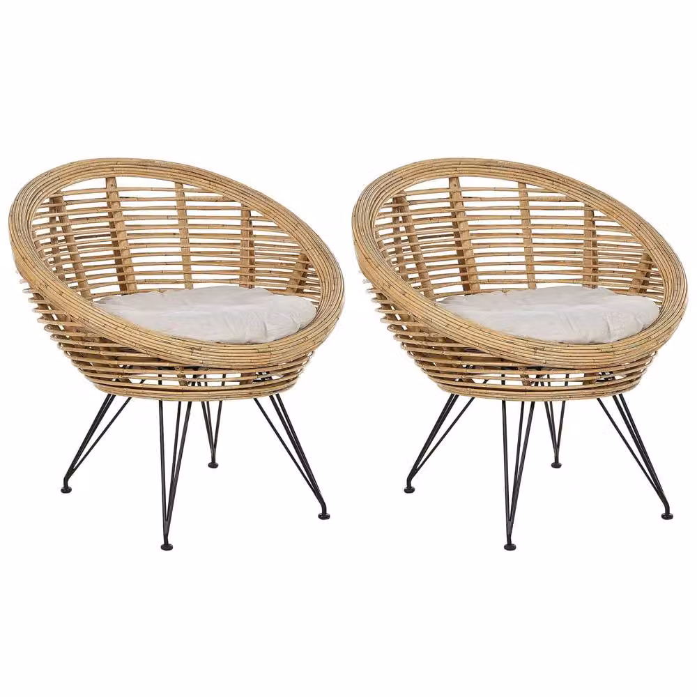 Wyld and Coco Set of 2 Natural Rattan Chairs with Beige Cotton Cushions and Powder Coated Iron Frames – 2